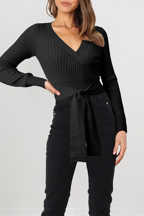 High Waist Tie Front Slim Fit Ribbed Knit Pullover Sweater